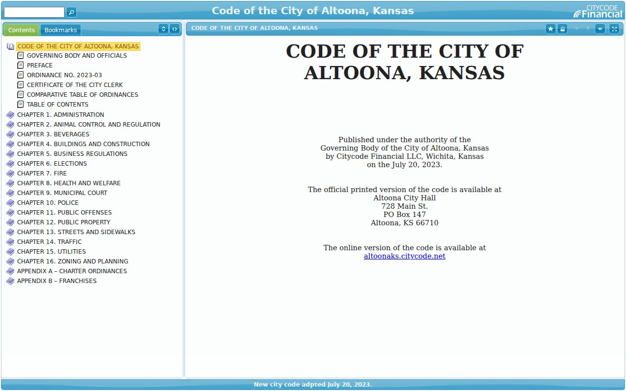 Official Altoona city code certificate identifying City Hall