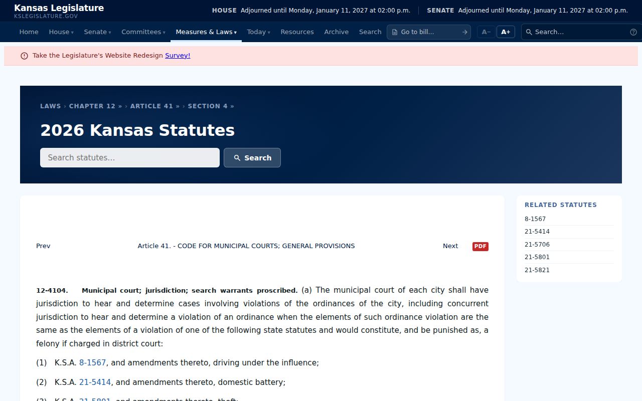 Kansas statute governing Altoona municipal court jurisdiction