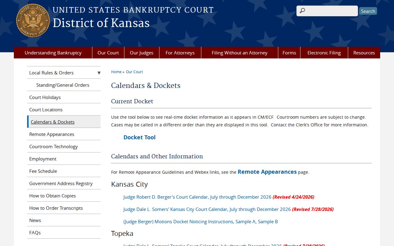 Kansas Bankruptcy Court docket and calendar page