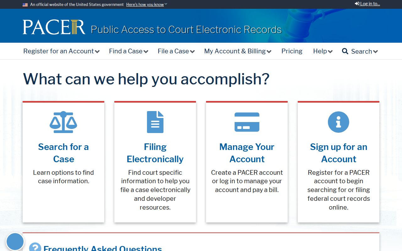 Official PACER federal court record access page for a Benedict-related federal case