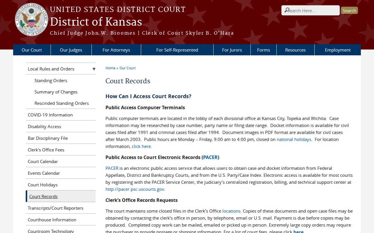 District of Kansas public court record access information