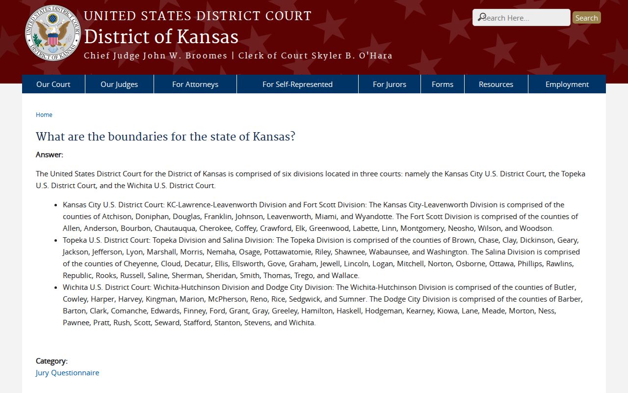 District of Kansas division boundaries covering Buffalo and Wilson County