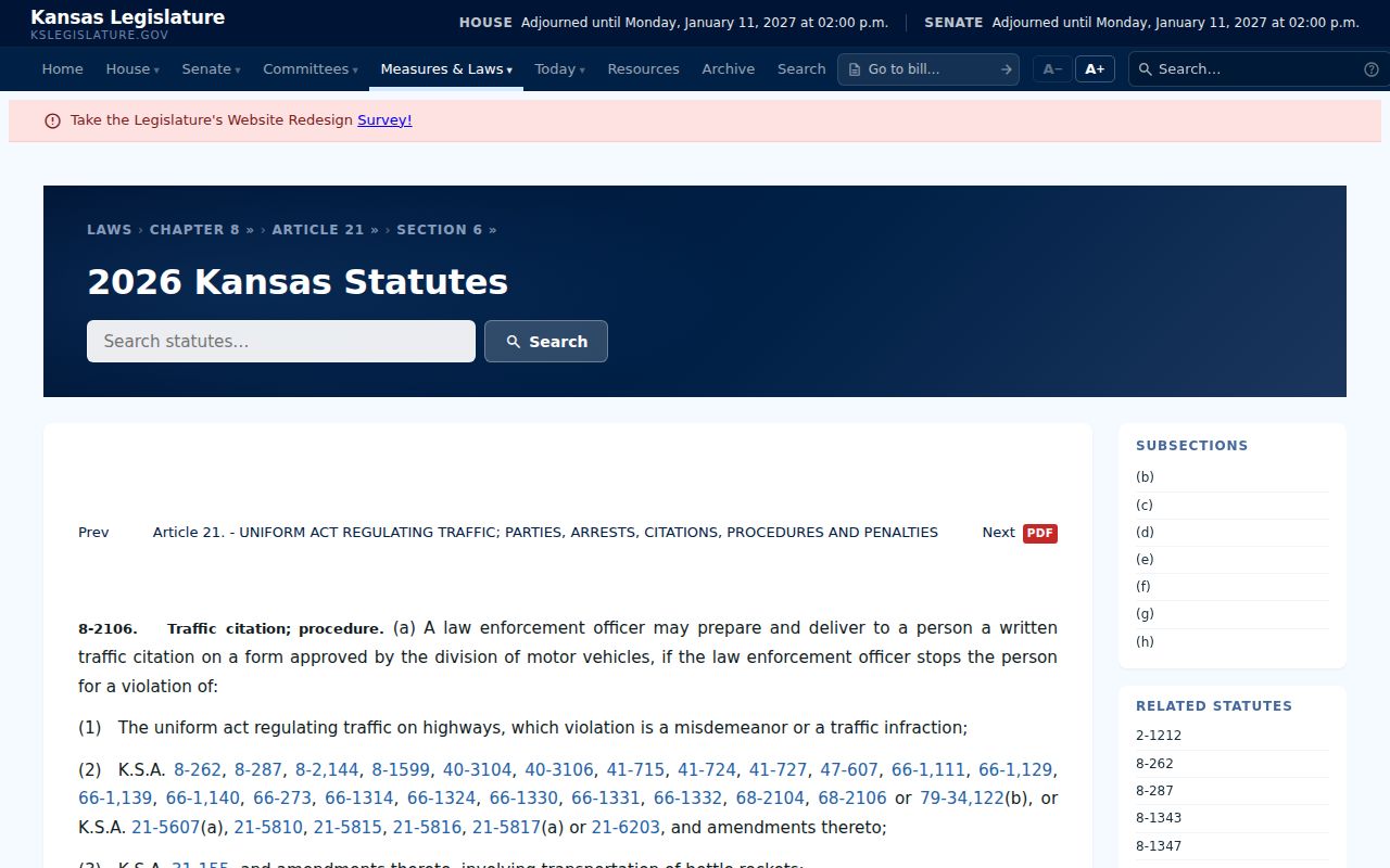 Kansas traffic citation statute for Wilson County